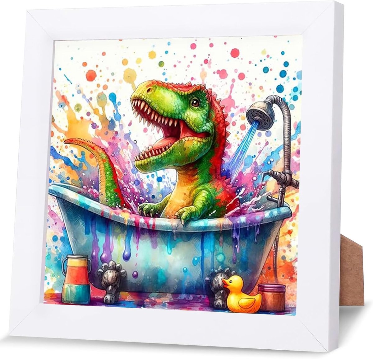 Diamant schilderij kit - grappige dinosaurus in badkuip - met frame - creatief knutselplezier voor kinderen - ShopVlot