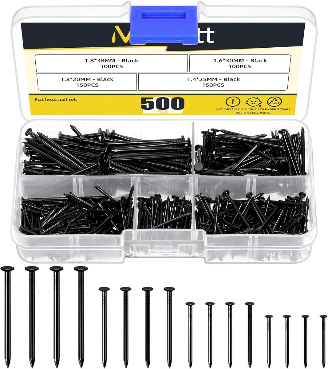 Hardware spijkers assortiment kit 500pcs - 4 maten - zwart - ideaal voor het ophangen van foto's - ShopVlot
