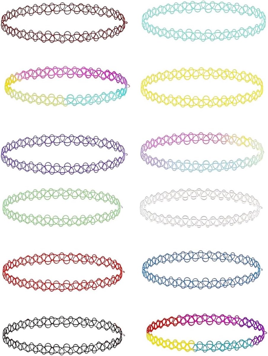 Elastische tattoo-halskettingen 12 stuks - kleurrijk vintage - verstelbaar choker - gothic-stijl jaren 90 - ShopVlot