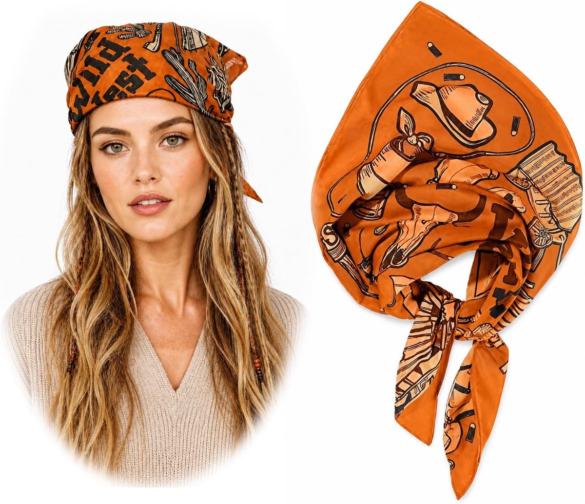 Katoenen sjaal oranje - cowboy-print - veelzijdig als bandana - perfect voor cosplay - ShopVlot