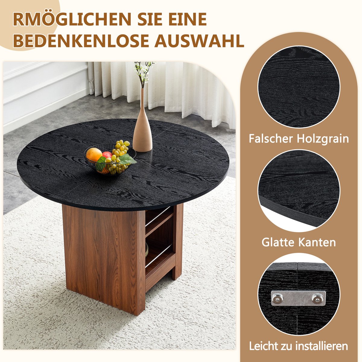 COVREO Ronde eettafel 100 cm zwart, MDF met opbergruimte voor 2-4 personen