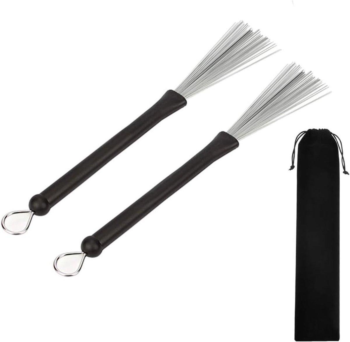 Drum Borstels - Trommelborstels Percussie Borstels - Muziek Maken - Intrekbare Metalen Borstels - 32 cm - Zilver Zwart