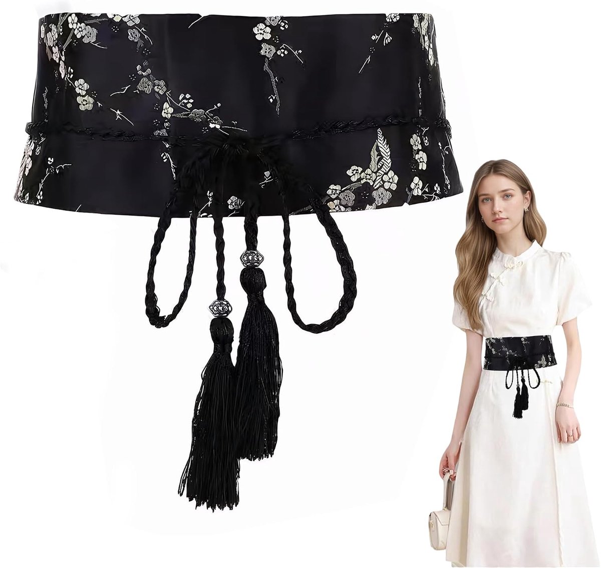 DHER Embroidery Waist Belt Chinese Style Belt with Tassels Retro Embroidered Wide Waist Antique Hanfu Ladies Fabric - ShopVlot