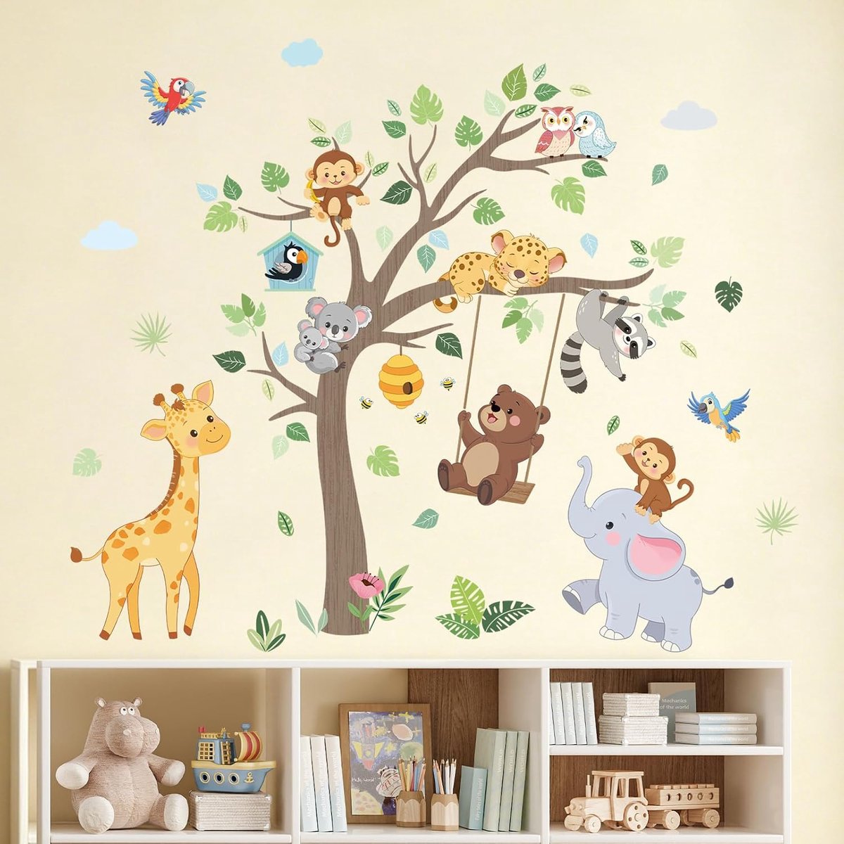 SHUCHING Muurstickers, jungledieren, boom, muursticker voor kinderen, dieren, wanddecoratie voor kinderkamer - ShopVlot