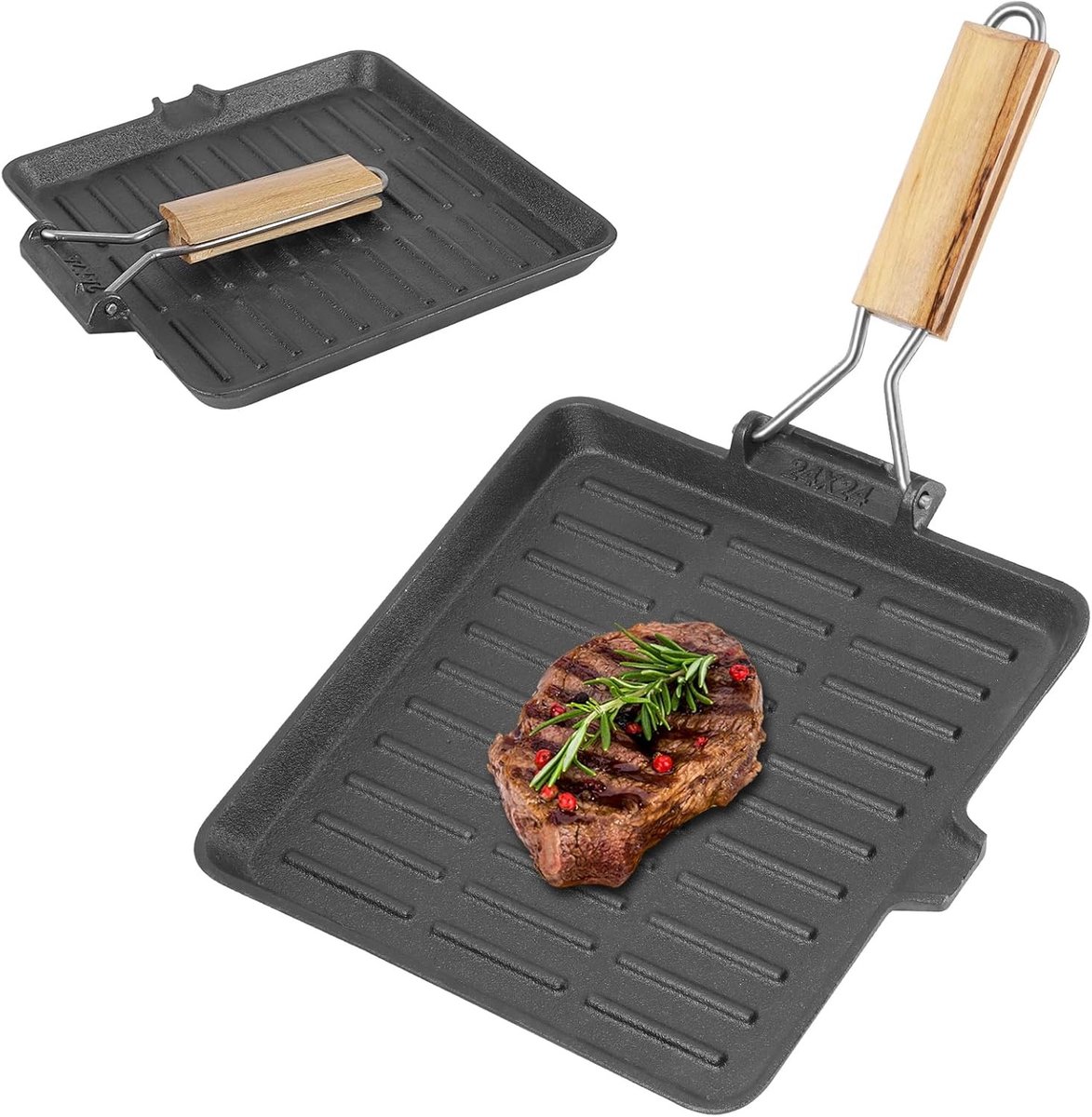 Gietijzeren Steakpan - Zwart - 24 x 24 cm - Inclusief Inklapbaar Houten Handvat - Voor Binnen en Buiten
