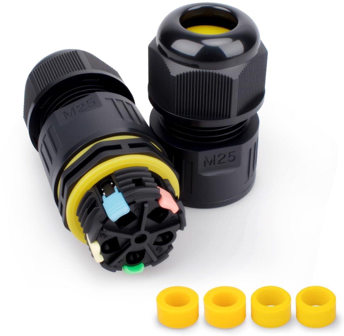 1 pcs waterproof outer cable connector, M25 quick connection, 4 poles for 5 to 8 mm cable, with 4 pieces wire clamm - ShopVlot