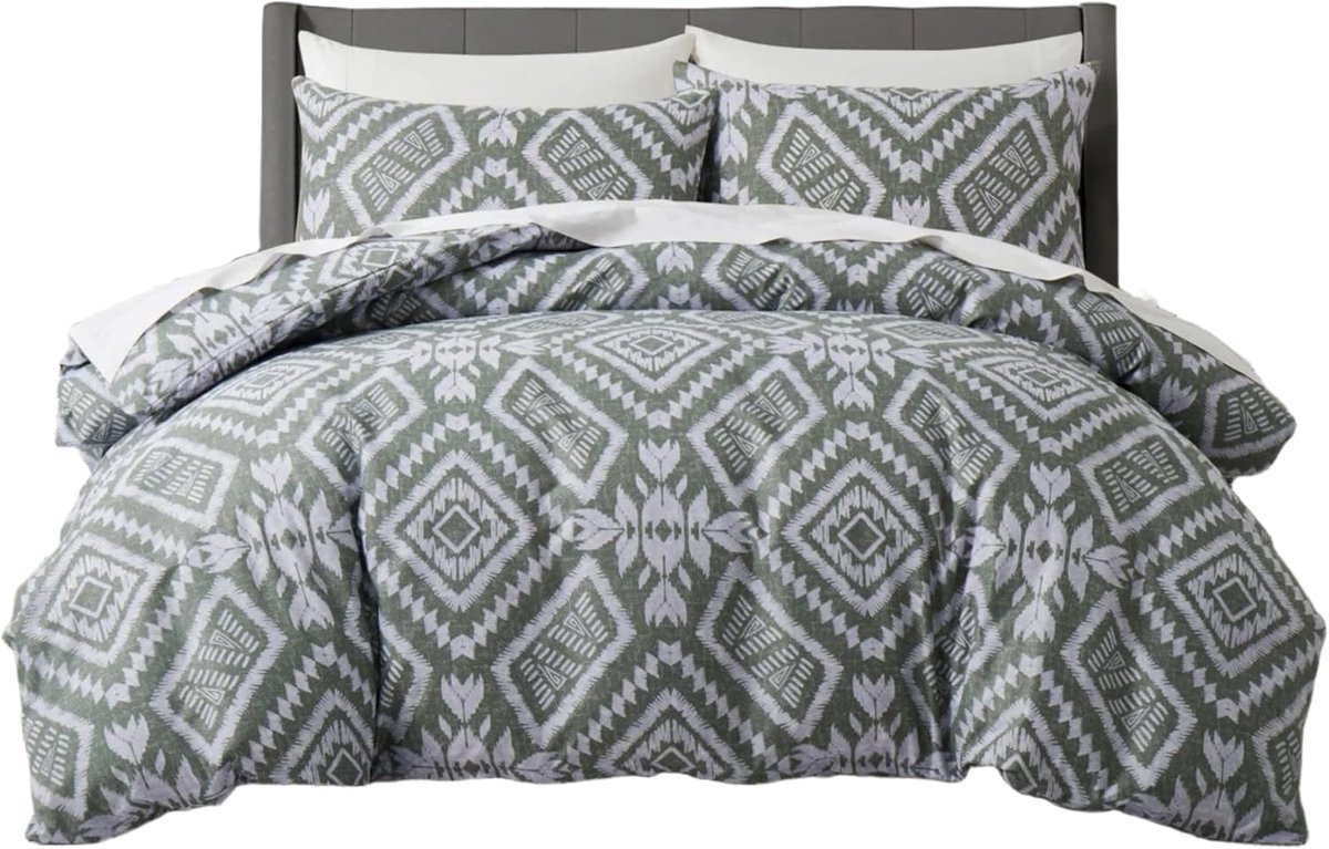 Beddengoedset, 100% polyester, beddengoed met praktische ritssluiting, modern etno-patroon in groen en wit, 1 x - ShopVlot