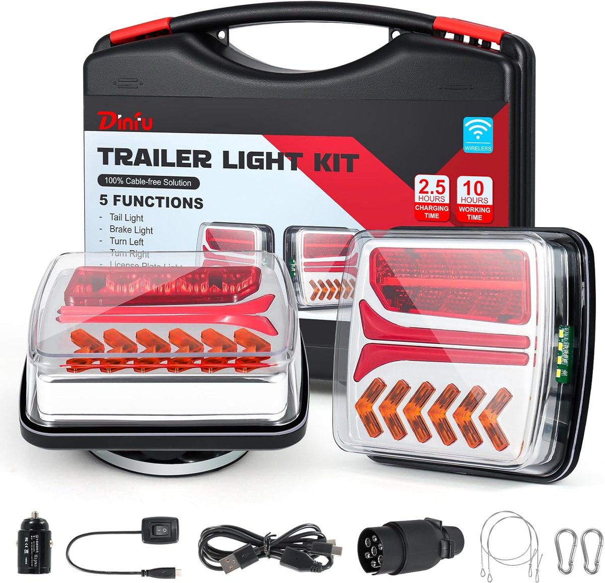 Dinfu Wireless LED Rear Lights Trailer with Magnetic Base 12V-24V LED Trailer Light Set with 7 Pin Plug IP67 - ShopVlot