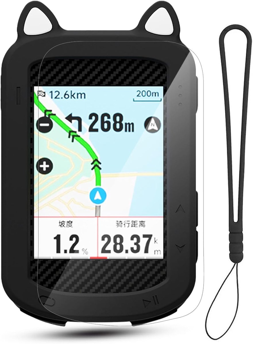 Siliconen hoes, zwarte kattenoren, met displaybeschermfolie van gehard glas en draagband, compatibel met iGPSPORT - ShopVlot