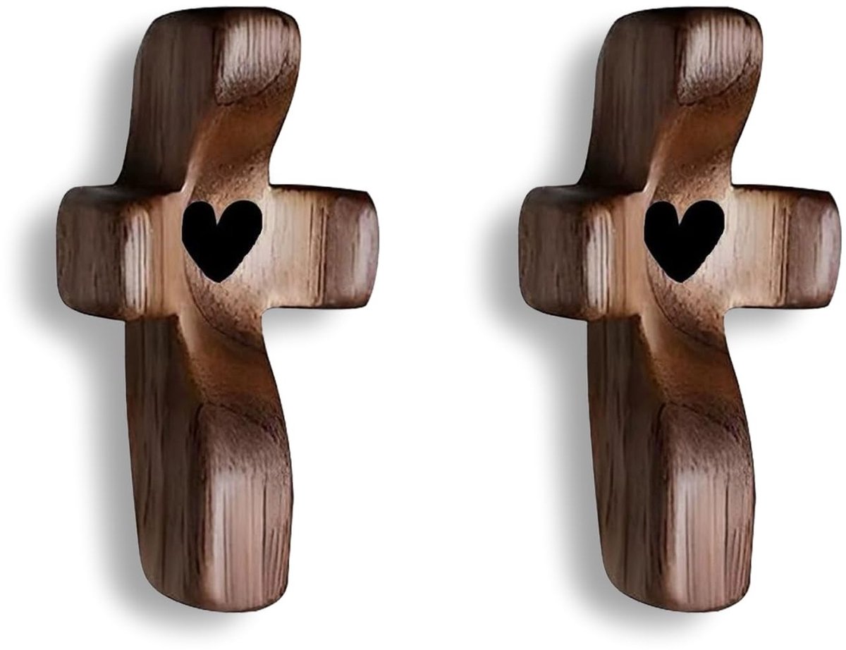 Solidchoice - 2 Stuks Handgesneden Houten Liefdeskruis met Hartjes