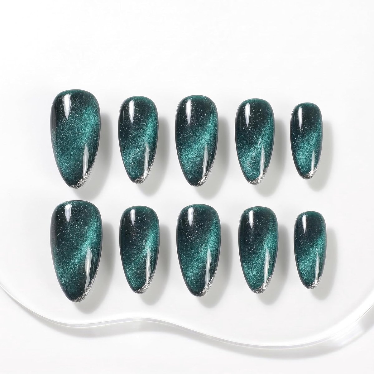 Sun&Beam Nails Handmade Medium Long Almond Green False Nail Tips with Cute Magnetic Popular Charm Design Press On - ShopVlot