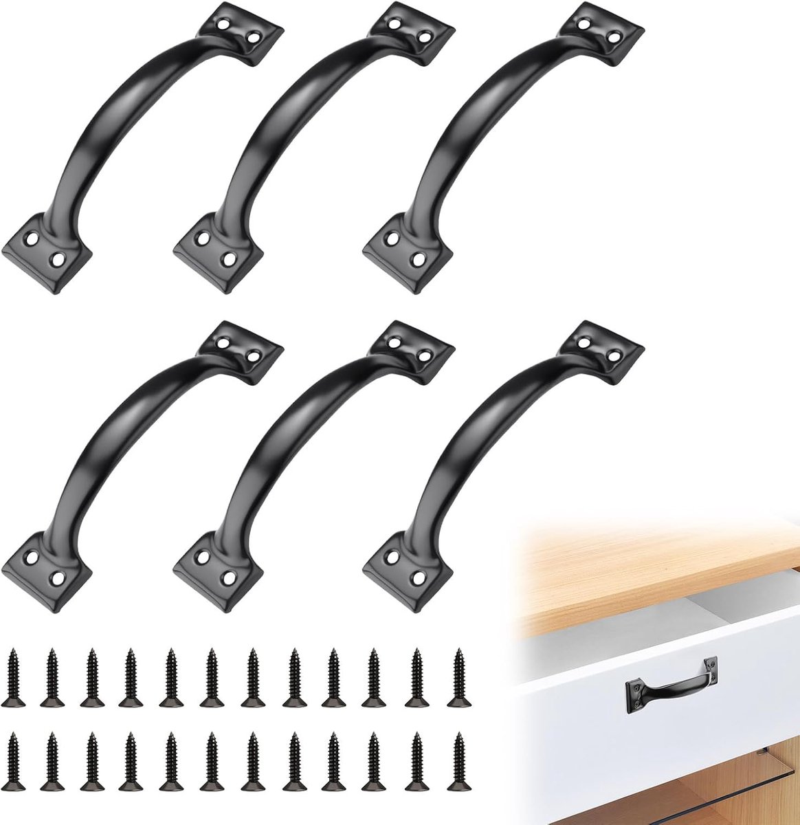 6Pcs 13.5cm Metal Gate Handle Replacement Kit, Black Screen Barn Door Handles Mat,Outdoor Drawer Cabinet Pulls Knobs - ShopVlot