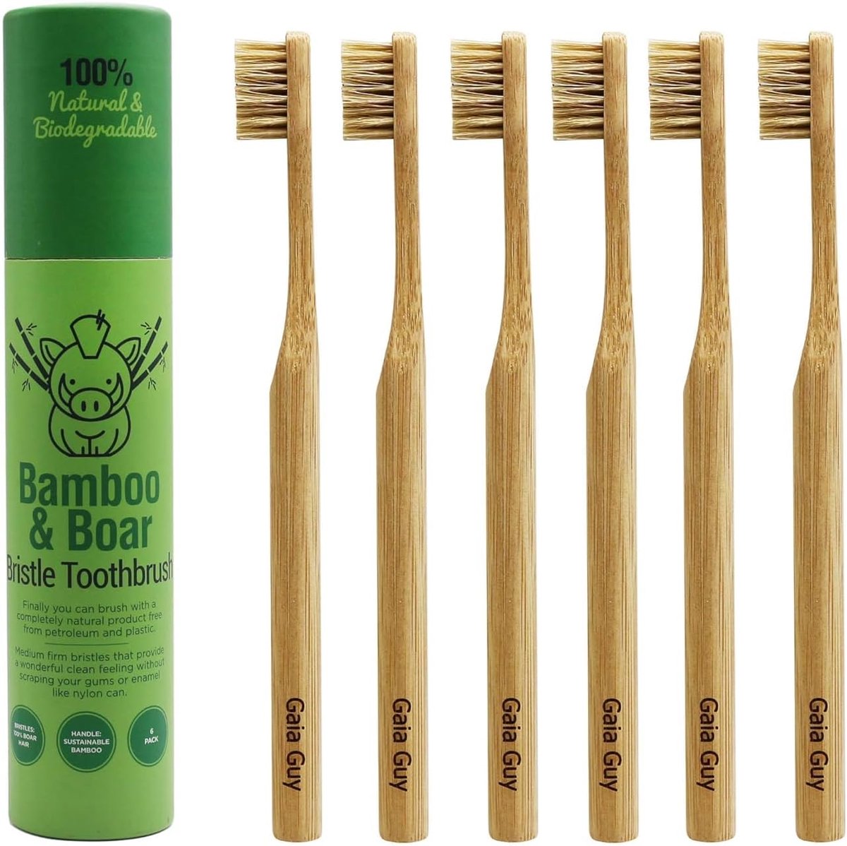 Gaia Guy Natuurlijke everzwijnharen, bamboetandenborstels, set van 6 stuks, voor volwassenen, geen nylon, plasticvrije - ShopVlot
