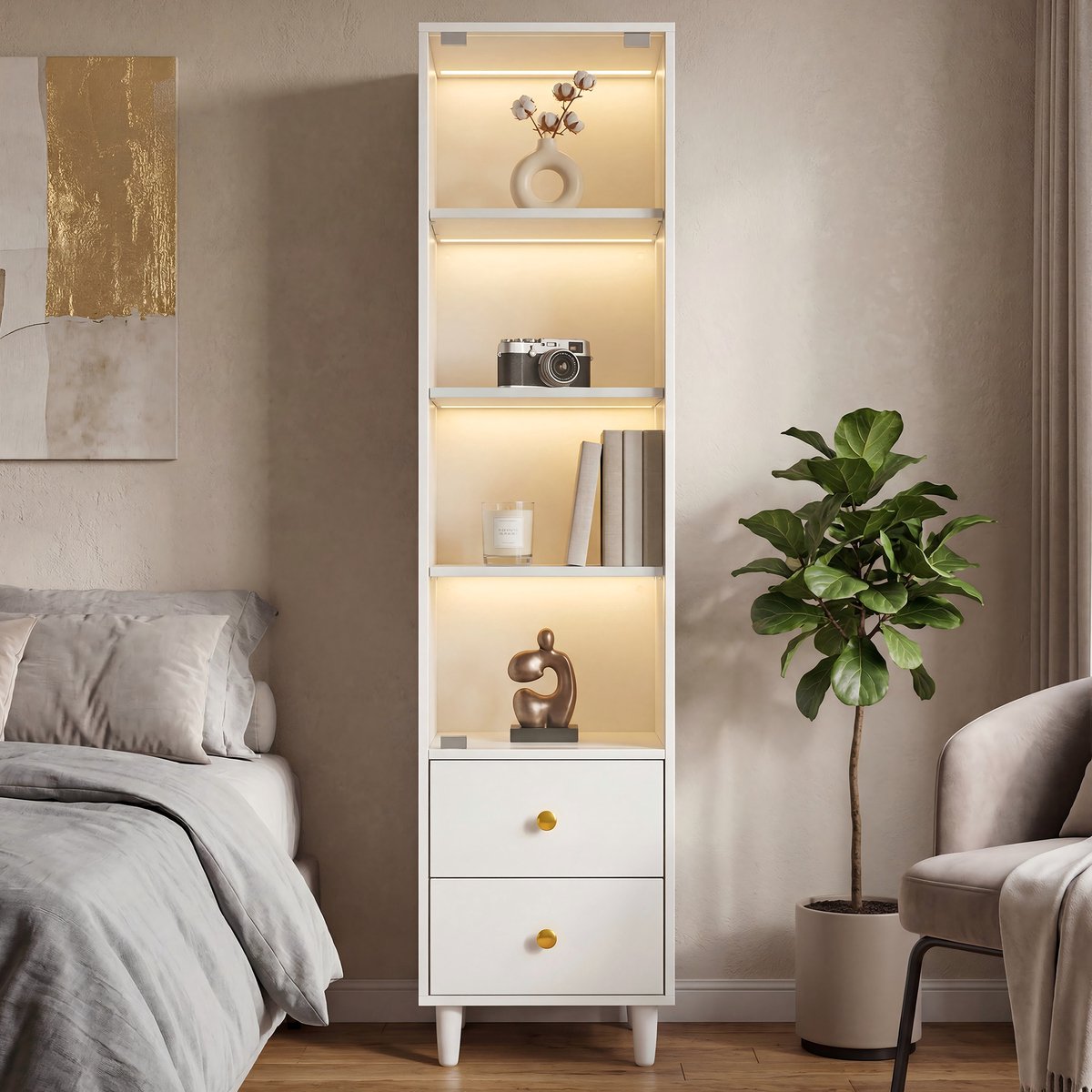 COVREO Vitrinekast 165x40x35 cm wit, MDF en glas met LED-verlichting