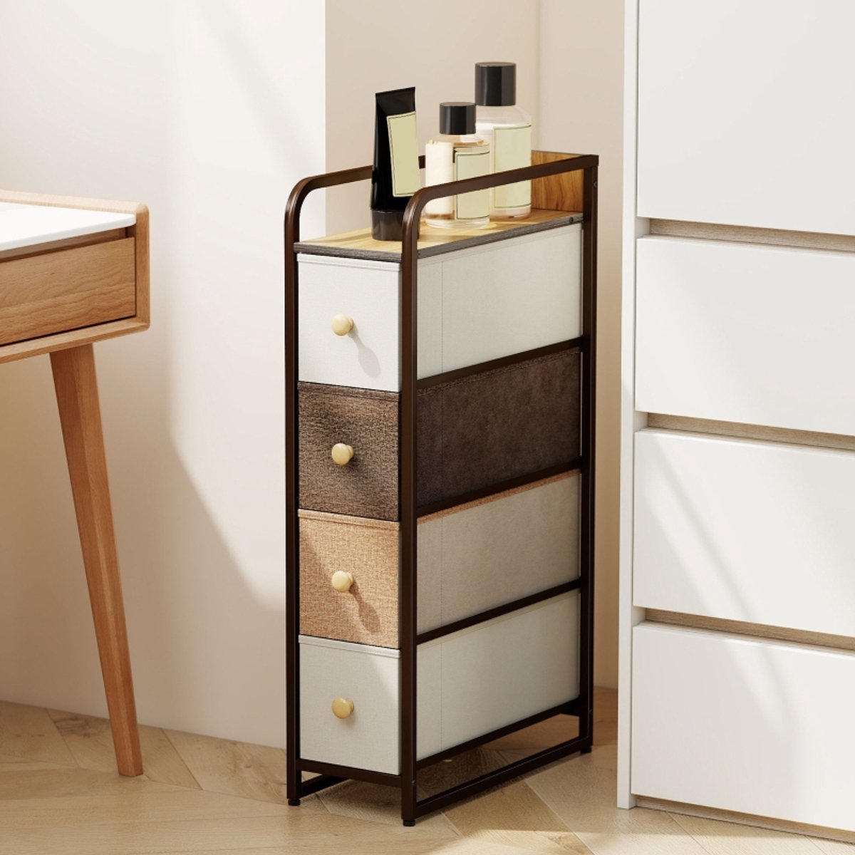 DESMIU Ladekast - 4 Lades Van Stof Met Stalen Frame - Smal Design Voor Slaapkamer En Woonkamer - Multicolor - 20x47x84,5 Cm