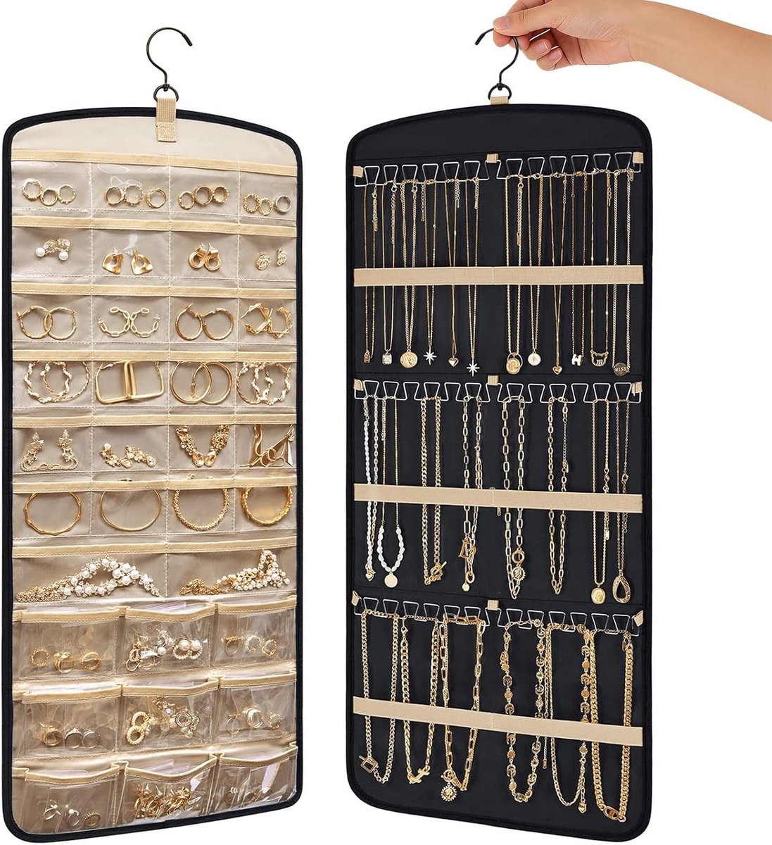 Grote Dubbelzijdige Sieraden Organizer met 360 Graden Draaibare Haken voor Deur, Kast of Muur - Ideaal voor Sieradenopslag en Organisatie (Zwart + Khaki)