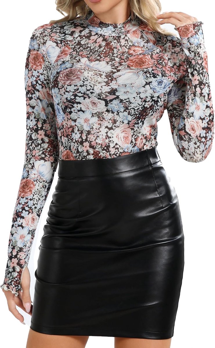 Women's Mesh Mesh Stand-Up Collar Sexy Transparent Long Sleeve Stretch Top for Party Clubwear - ShopVlot