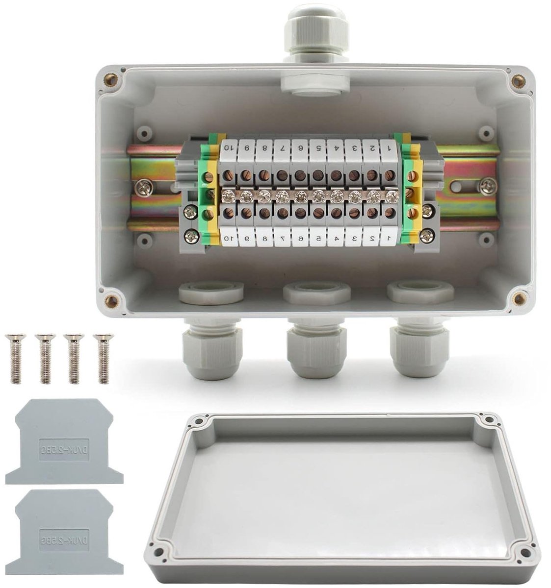 Waterdichte aansluitdoos IP66 - 155 x 90 x 60 mm - 10-pins UK2.5B grommetklem - ideaal voor buitengebruik - ShopVlot