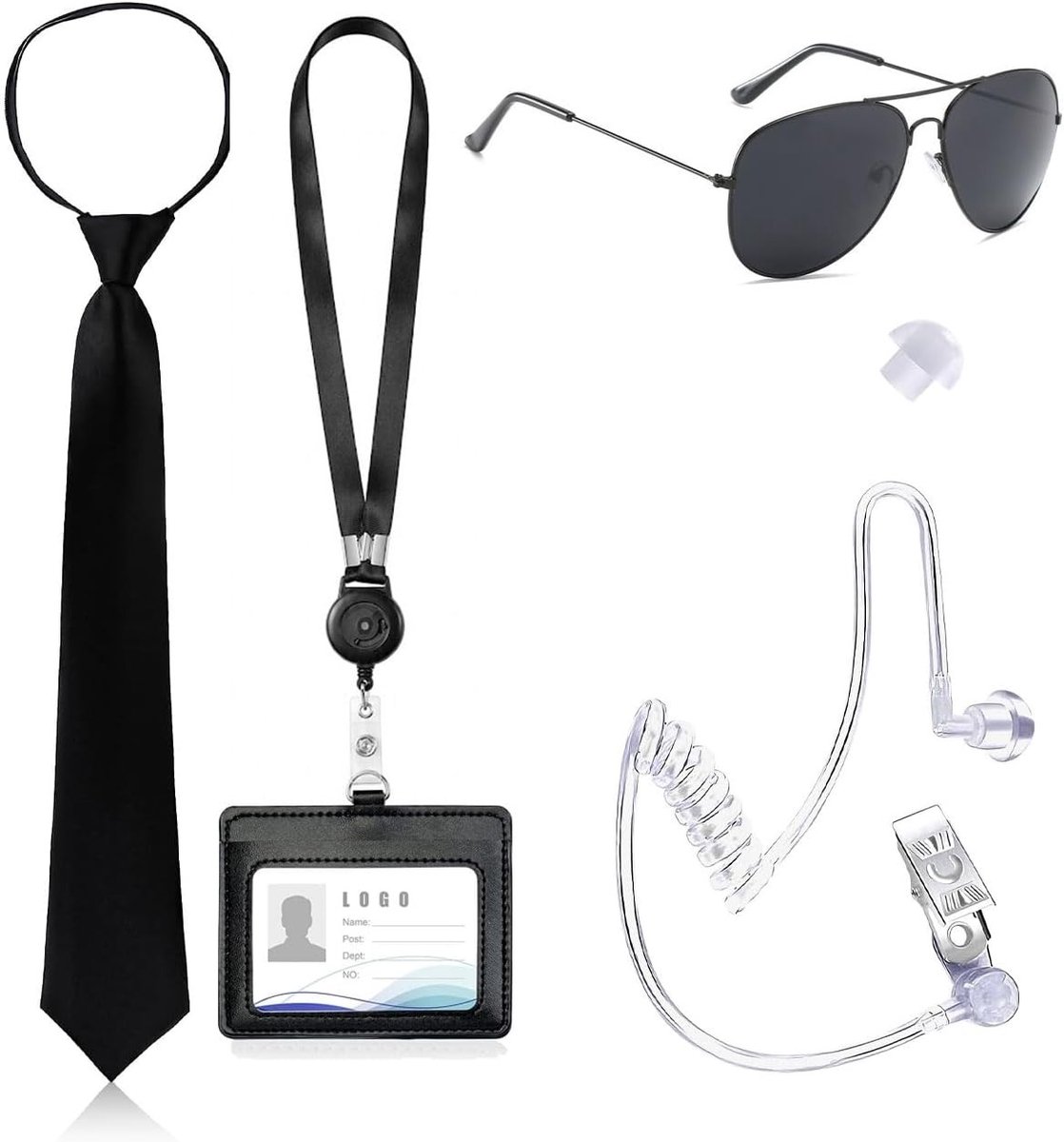 4-delig spionageaccessoireset voor mannen, vrouwen en kinderen - zwart kostuum voor cosplay, themafeest en rollenspel met accessoires