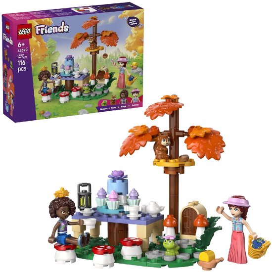 LEGO Friends bos theekransje met figuren, tafels, stoelen, paddestoelen en een boom met eekhoorn.