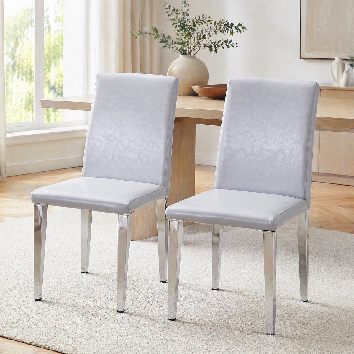 COVREO Eetkamerstoelen set van 2, 90 cm lichtgrijs kunstleer, hoge rugleuning