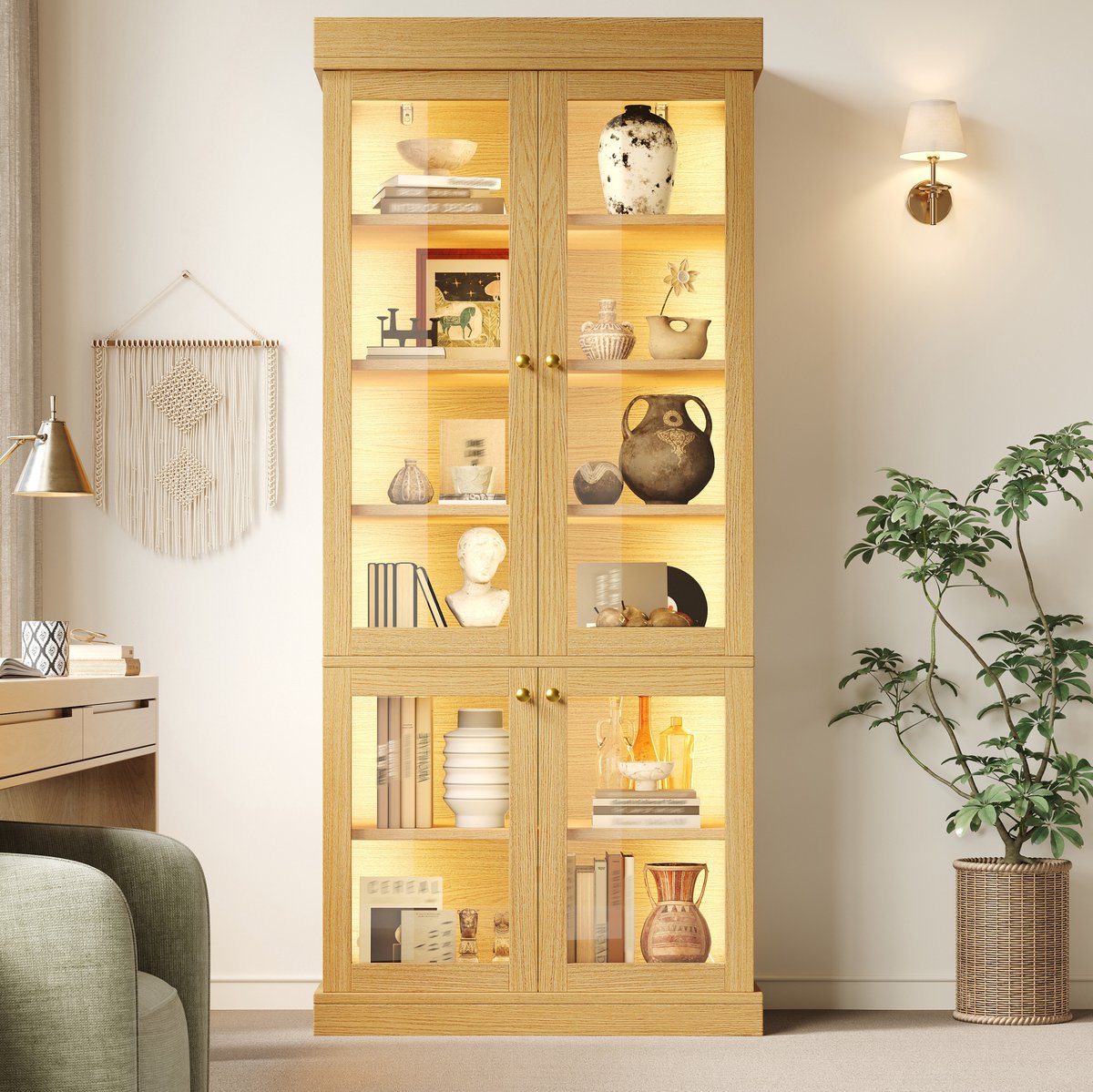 DESMIU Vitrinekast - LED Verlichting En Glazen Deuren - Voor Woonkamer, Slaapkamer En Kinderkamer - MDF, Metaal En Glas - 80x40x180 Cm - Naturel Hout