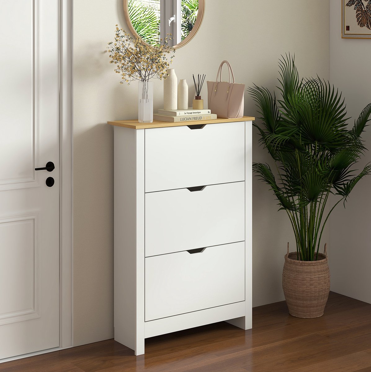 OKWISH Schoenenkast Staand Rek Met 3 Kleppen Voor 18 Paar Schoenen Voor Hal En Gang Wit Spaanplaat 72 X 26 X 112 Cm