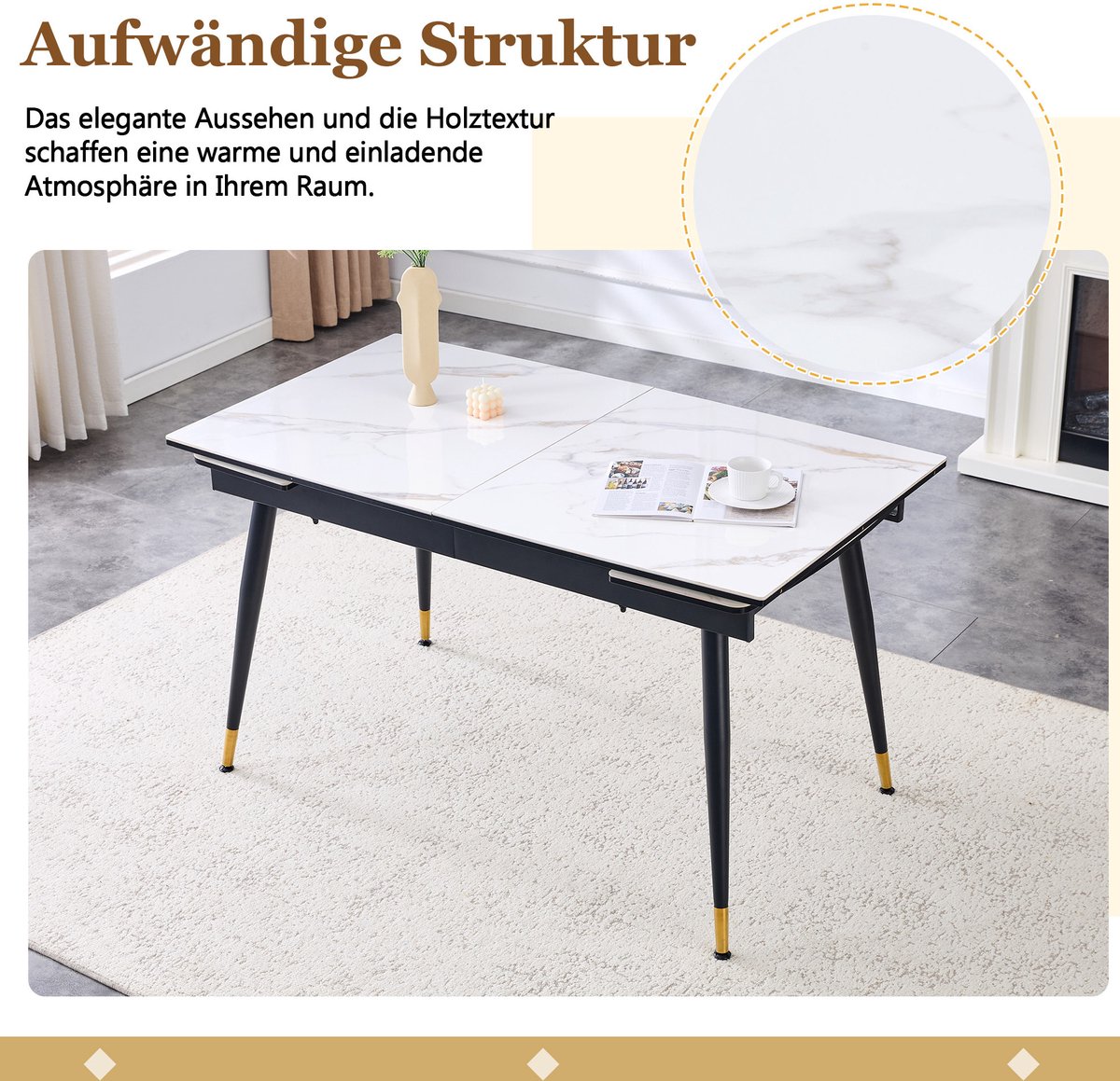 OKWISH Uitschuifbare Eettafel – Keramisch Tafelblad Met Marmerlook – Zwart Metalen Onderstel Met Gouden Details – 140-200 cm