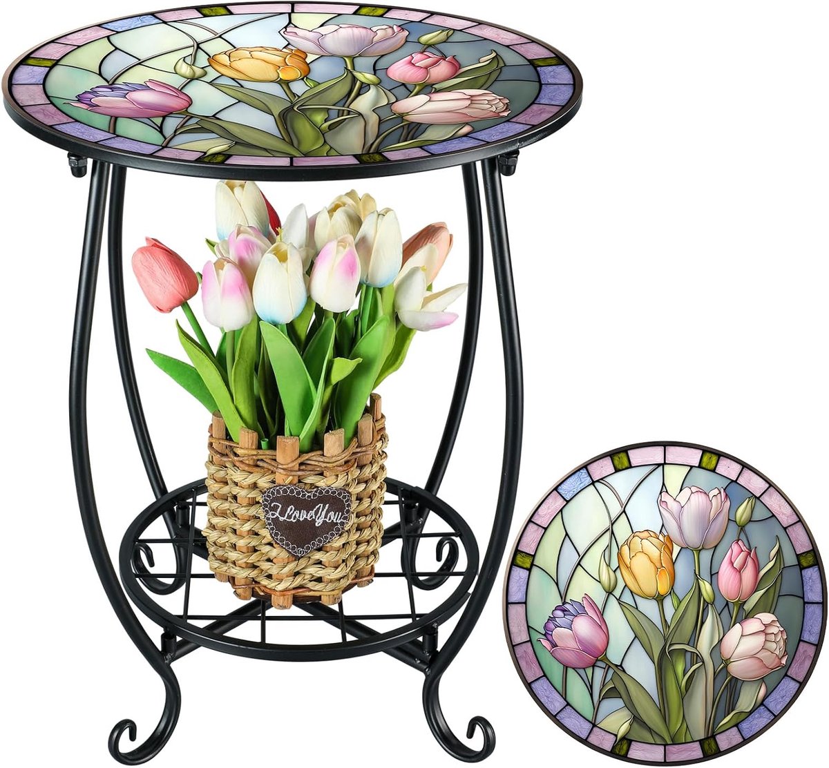 Casalora® Retro balkon bijzettafel - tuin ronde tafel - buiten eettafel - decoratieve binnen bijtafel - tulp stijl - geschikt voor patio, tuin, veranda, woonkamer - Roze & Groen