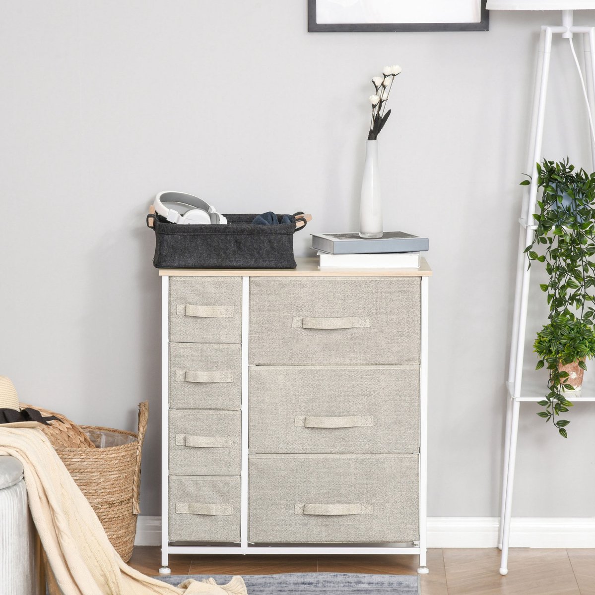 OKWISH Ladekast Grijs - 7 Opvouwbare Stoffen Lades - Scandinavische Stijl Met Opbergruimte - Metalen Frame En Melamine Blad - 63,5 x 30 x 71 Cm