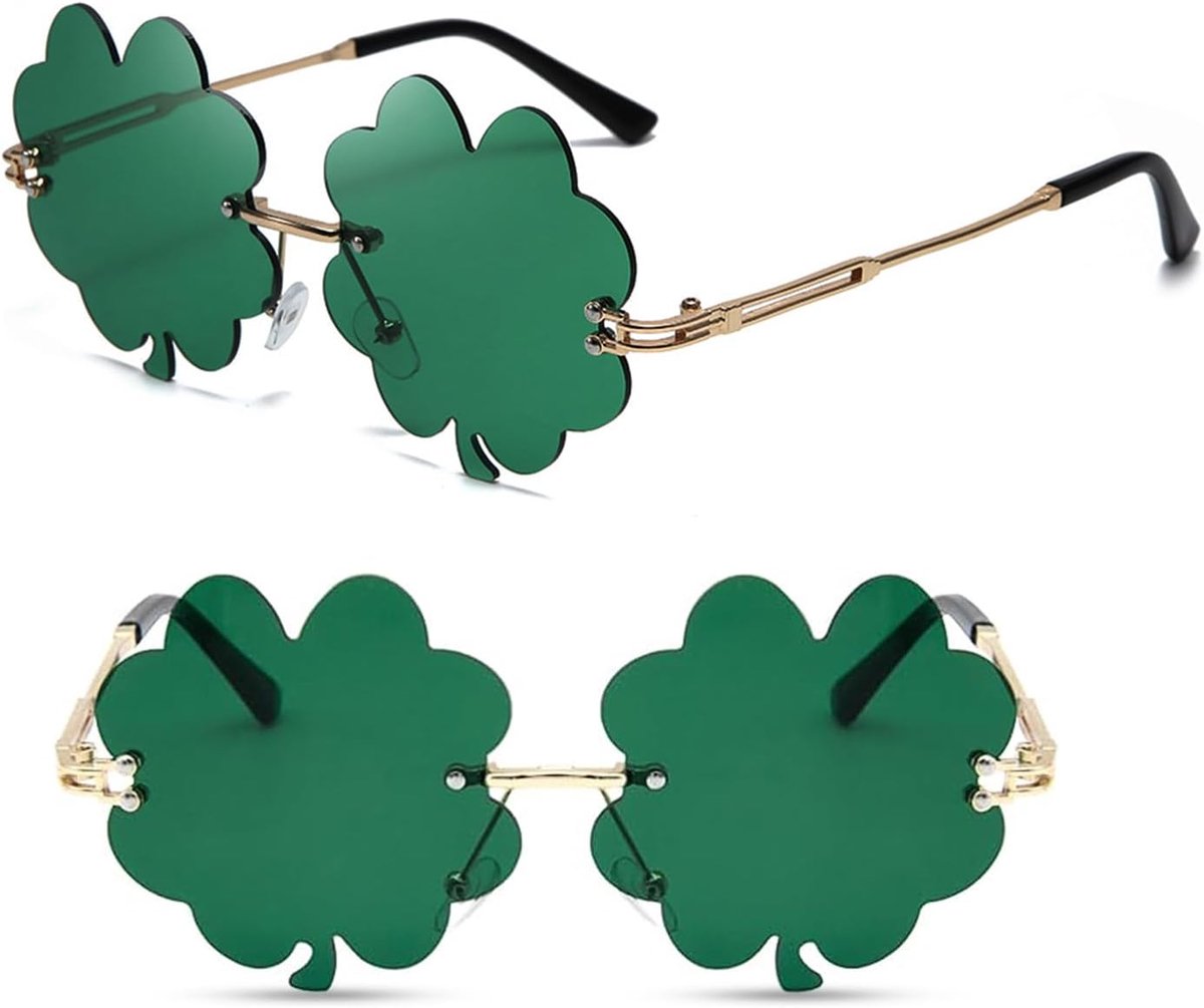 Patrick's Day Sunglasses Irish Clover Leaf Glasses Four Clover Glasses Rimless Green Clover Sunglasses for Women Men - ShopVlot