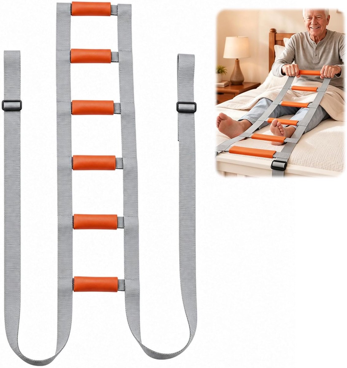 Opstahulp bedbalk 2,45 m - verstelbare bedladder - 6 schuimrubberen handgrepen - veiligheid en comfort - ShopVlot
