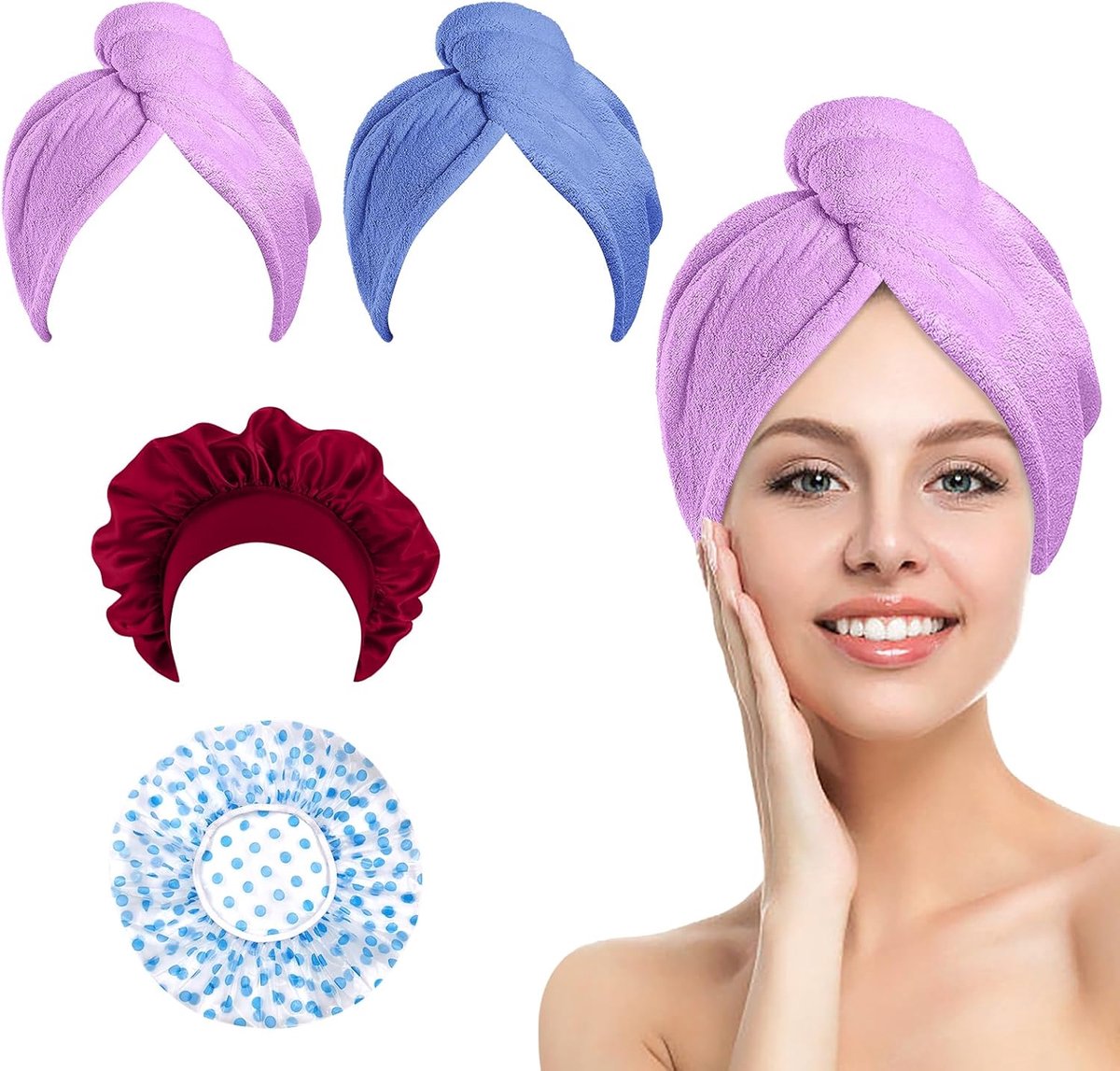 Haarverzorgingsset 4-delig - Microvezel en plastic - Herbruikbare haarcaps - Bescherming voor alle haartypes - ShopVlot