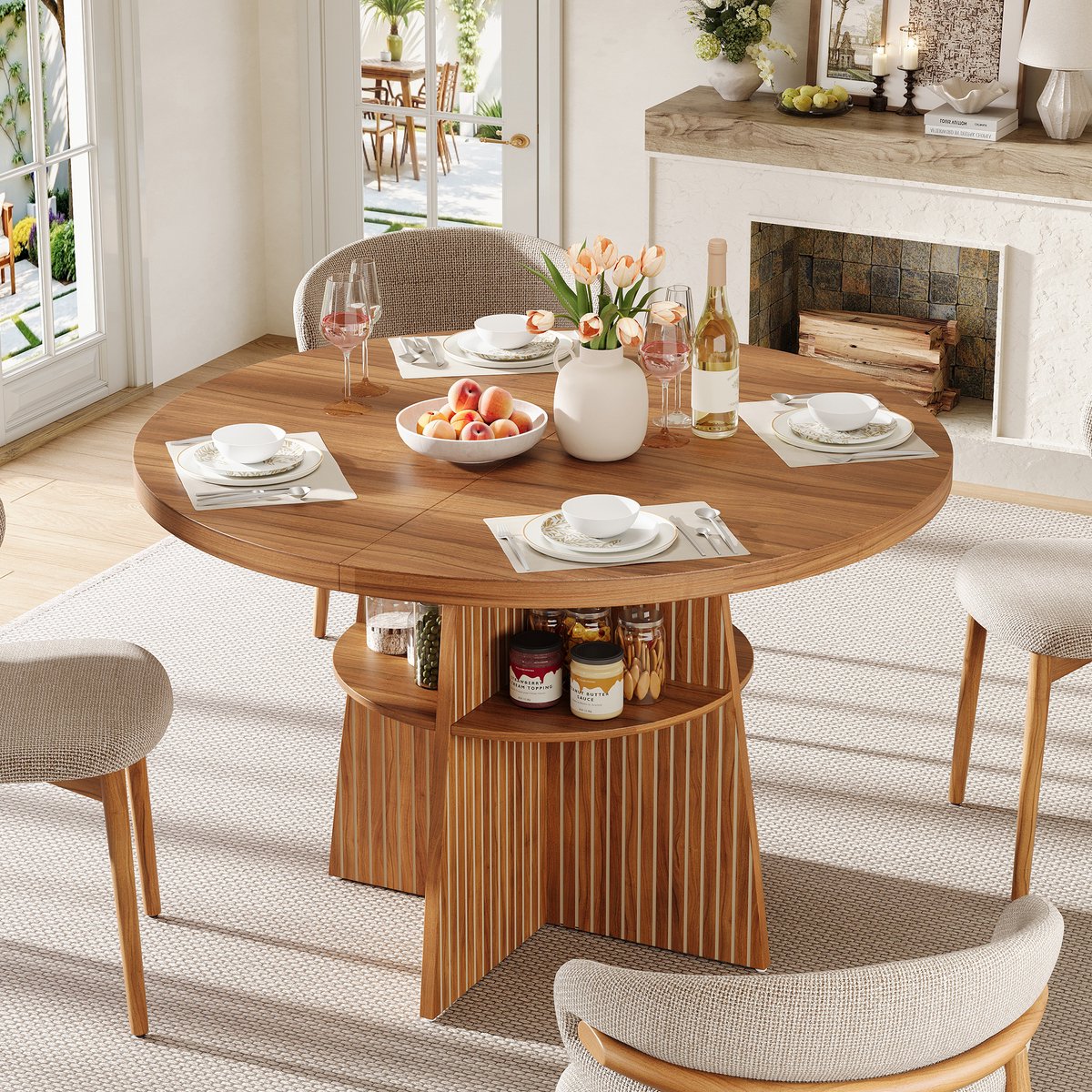 OKWISH Eettafel – Uitschuifbare Ronde Eettafel – 110-150 x 110 x 77,5 cm – Voor 2-8 Personen – Met Opbergplank – MDF Walnootkleur