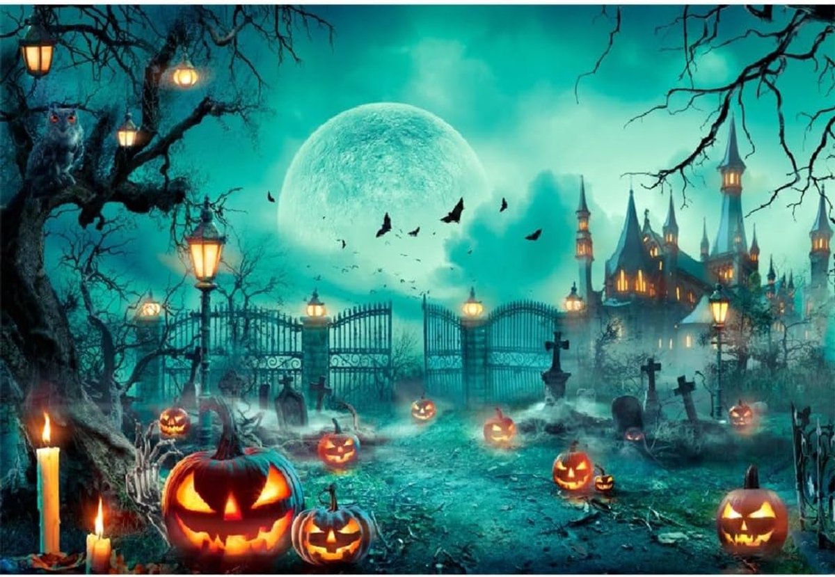 3,5 x 2,5 m Halloween achtergrond horror maan nacht begraafplaats fotografische achtergrond griezelige kasteeldeur - ShopVlot