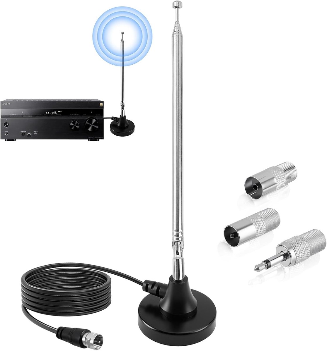 DAB FM Radio Antenna, Digital Telescopic Antenna for Indoor Use with Magnetic Base, 3m Extension Cable, Plug Adapter - ShopVlot