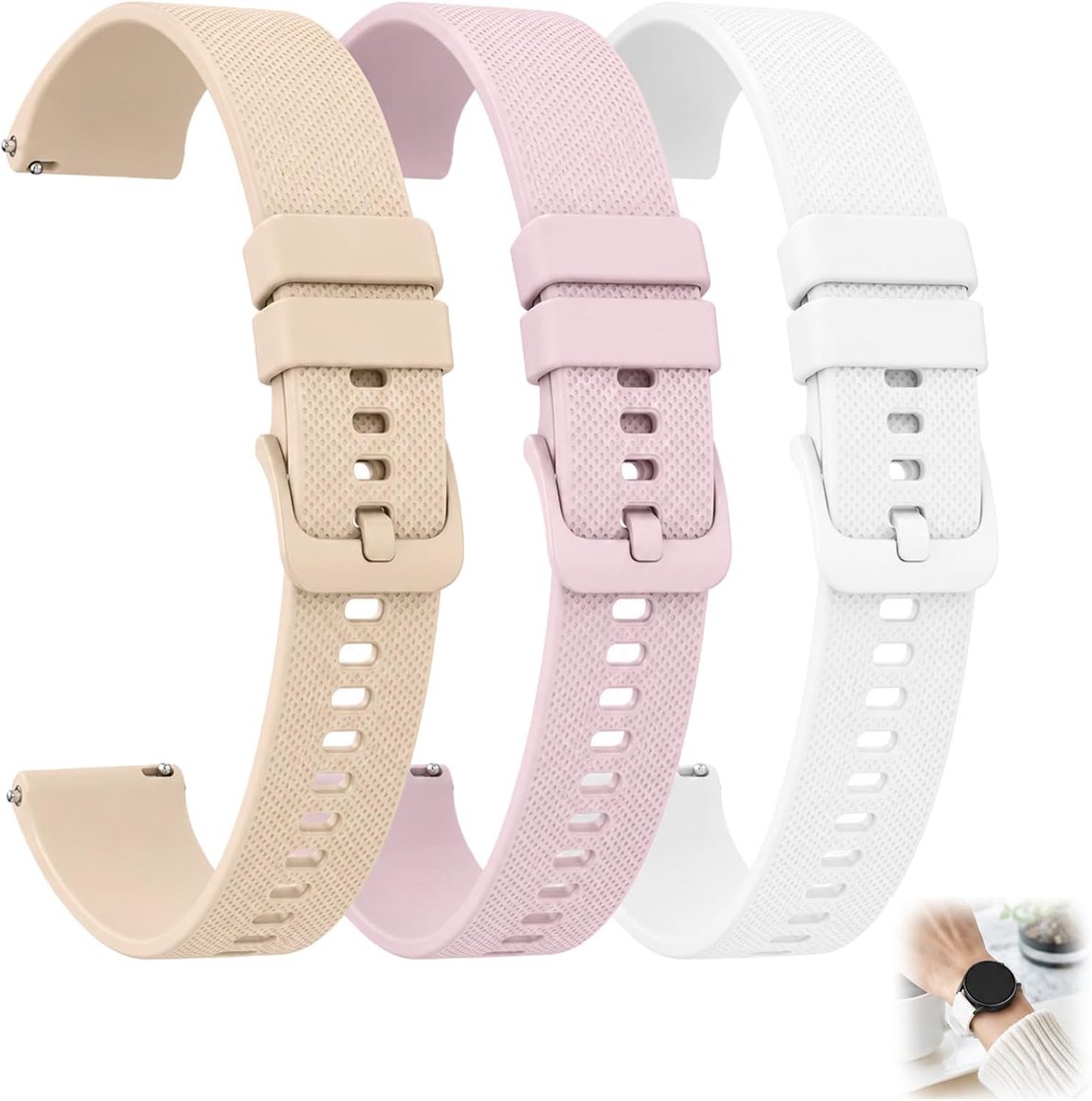 Set van 3 reservebandjes van siliconen, 20 mm, wit, roze en beige, afmetingen 120,5 + 93 mm lang, 20 mm breed - ShopVlot