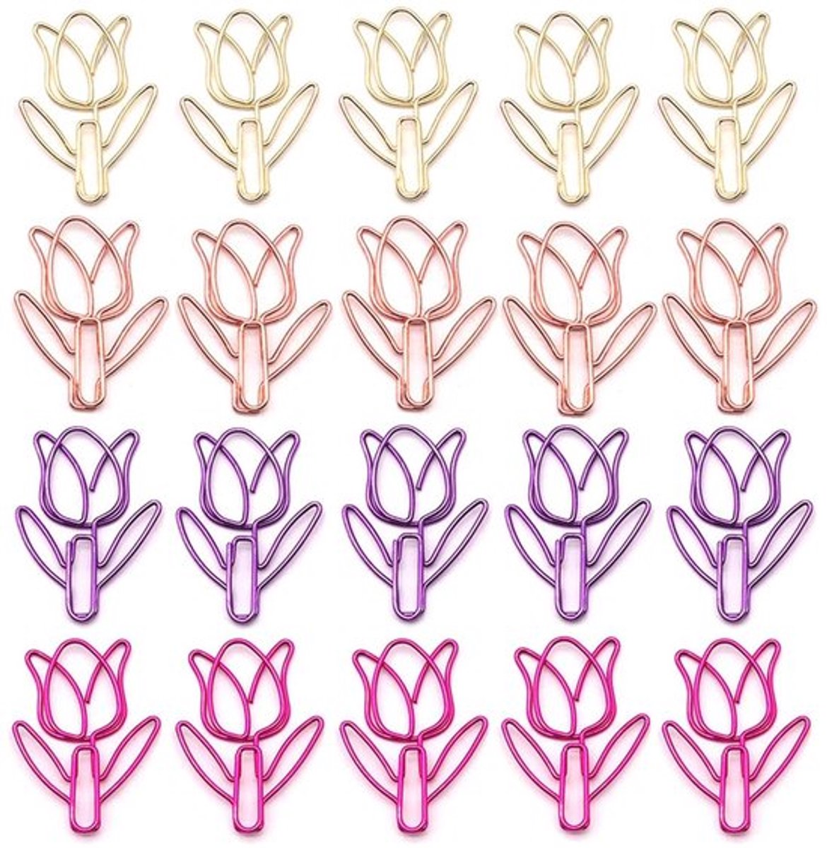 Tulpenpaperclips 20 Stuks - Creatieve Bloemvormige Paperclips - Metalen Paperclips - 35 mm - Goud/Rose Goud/Rood/Paars - Documenten Organiseren