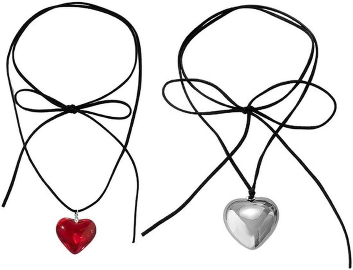 Halsketting met liefdeshanger - 2 stuks - Verstelbare ketting - Modieuze dameshalsketting - Kledingaccessoire - Zwart koord, 140 cm - Sieraad