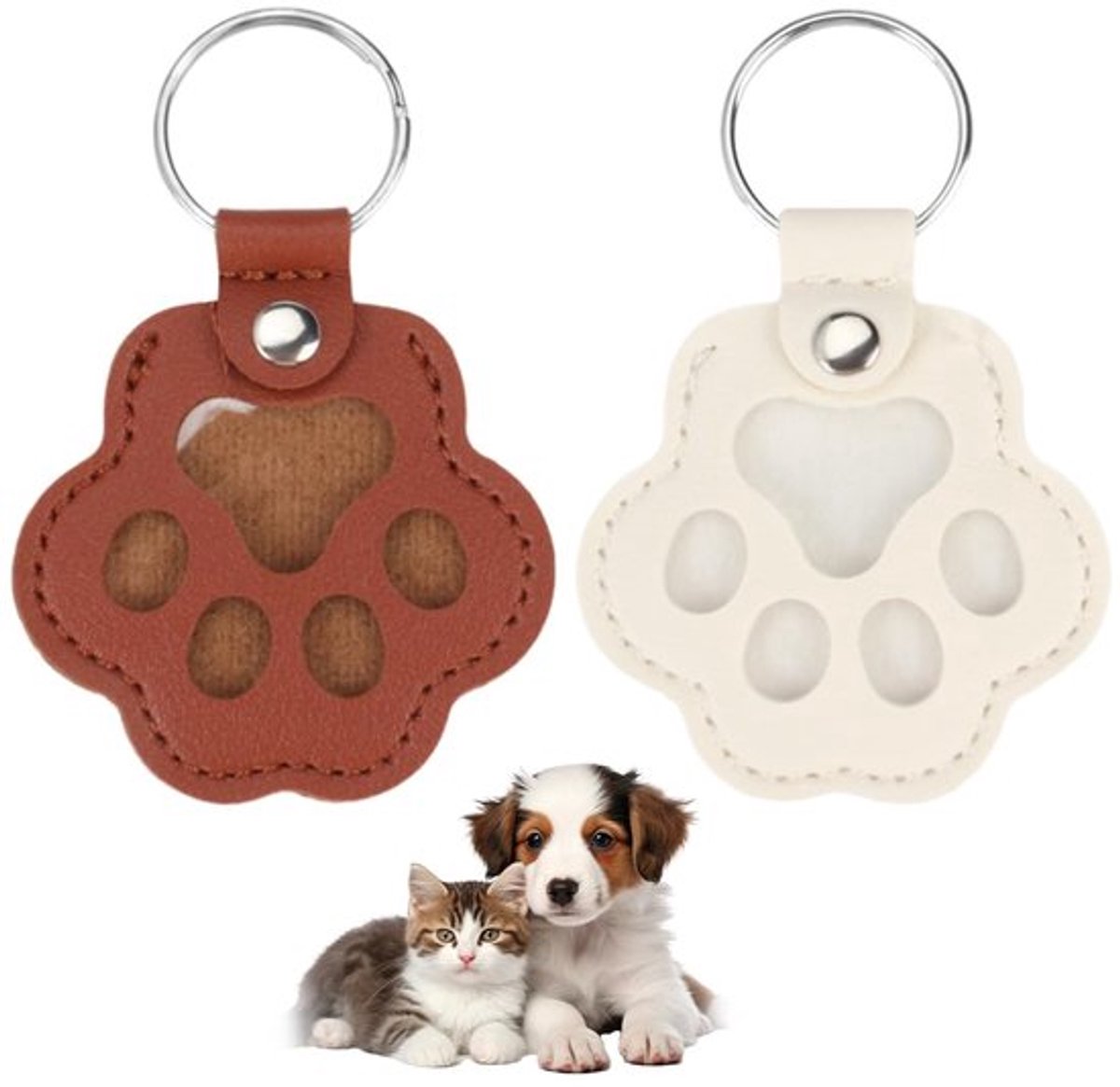 Sleutelhanger Set - Leren Sleutelhanger met Dierenhaar - Gepersonaliseerde Sleutelhangers - Gedenkgeschenk voor Huisdieren - Twee Kleuren (Wit/Oranje) - Herinneringssleutelhanger