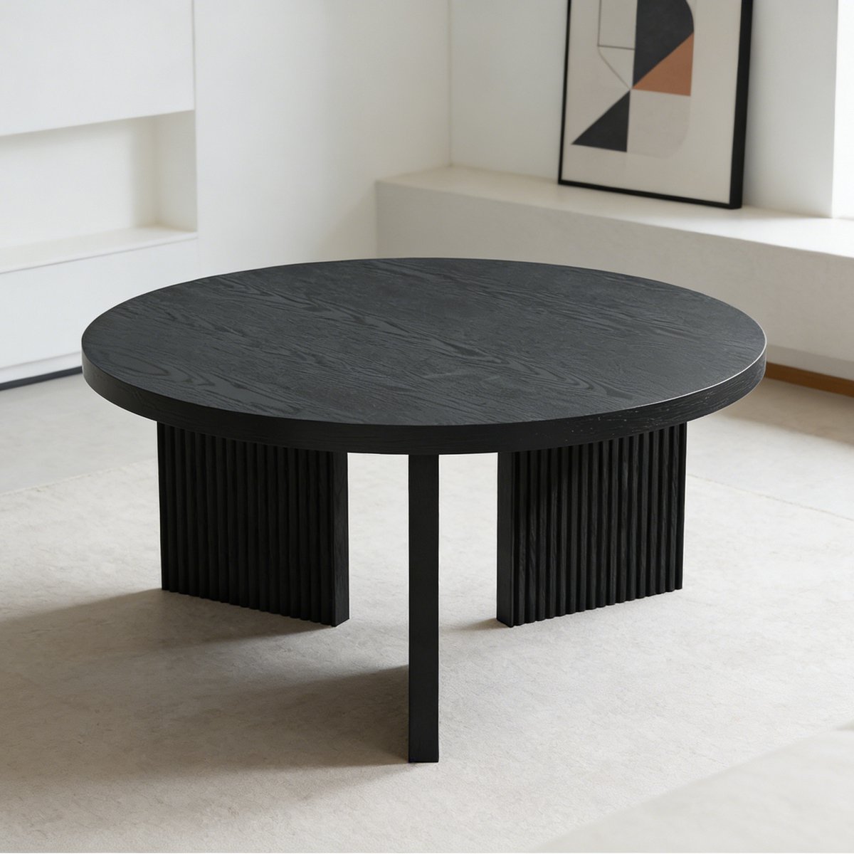 Ronde Salontafel 80 cm - MDF Tafel Met Gecanneleerde Onderstel - Zwart