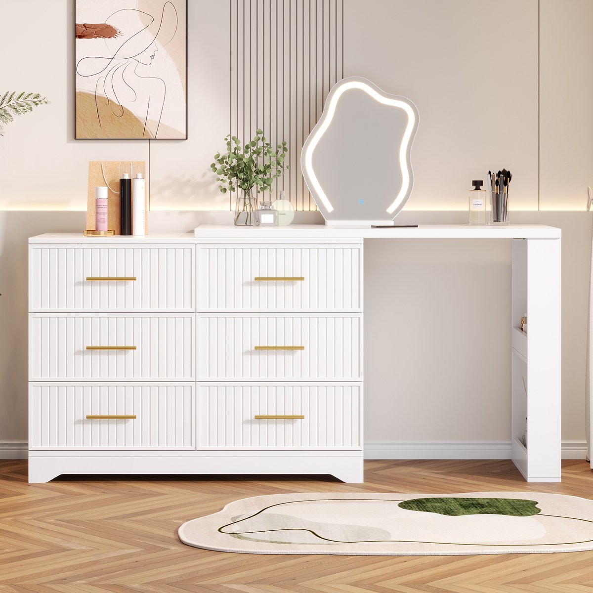 Draaibare Toilettafel 110x40x129 cm - Kaptafel Met LED Spiegel En 6 Laden Wit/Goud