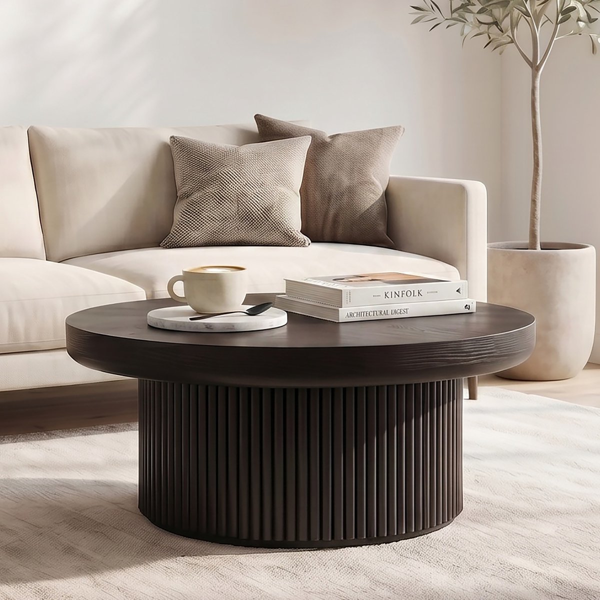 Ronde Salontafel 78 cm - Houten Tafel Met Gebogen Onderstel En Fineerblad - Zwart