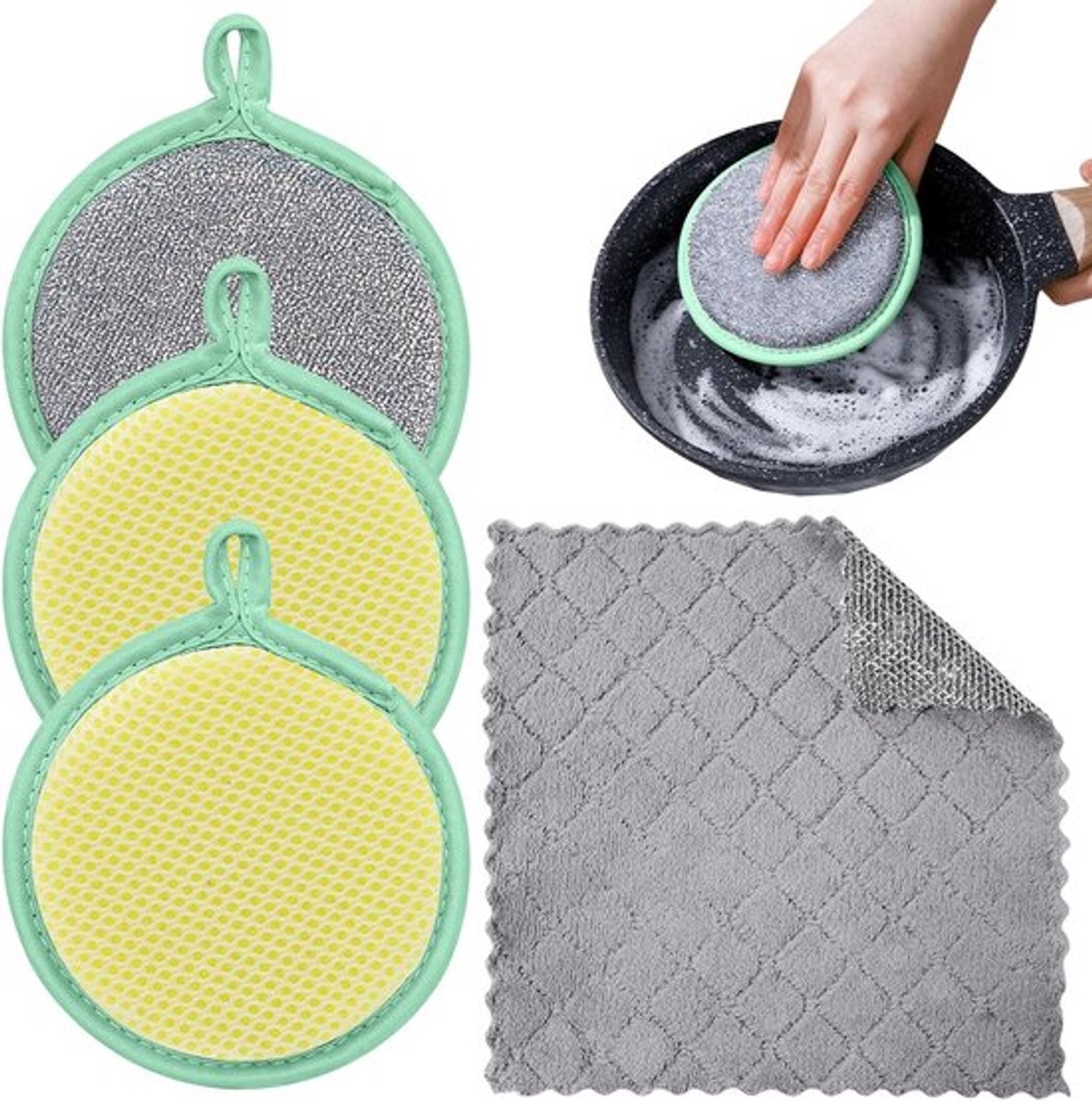 Spoelspons Set - 3 Ronde Schuursponsen - 1 Metaalvezel Poetsdoek - Herbruikbaar - Wasbaar - Dubbelzijdig 20x20 cm - Afwasspons