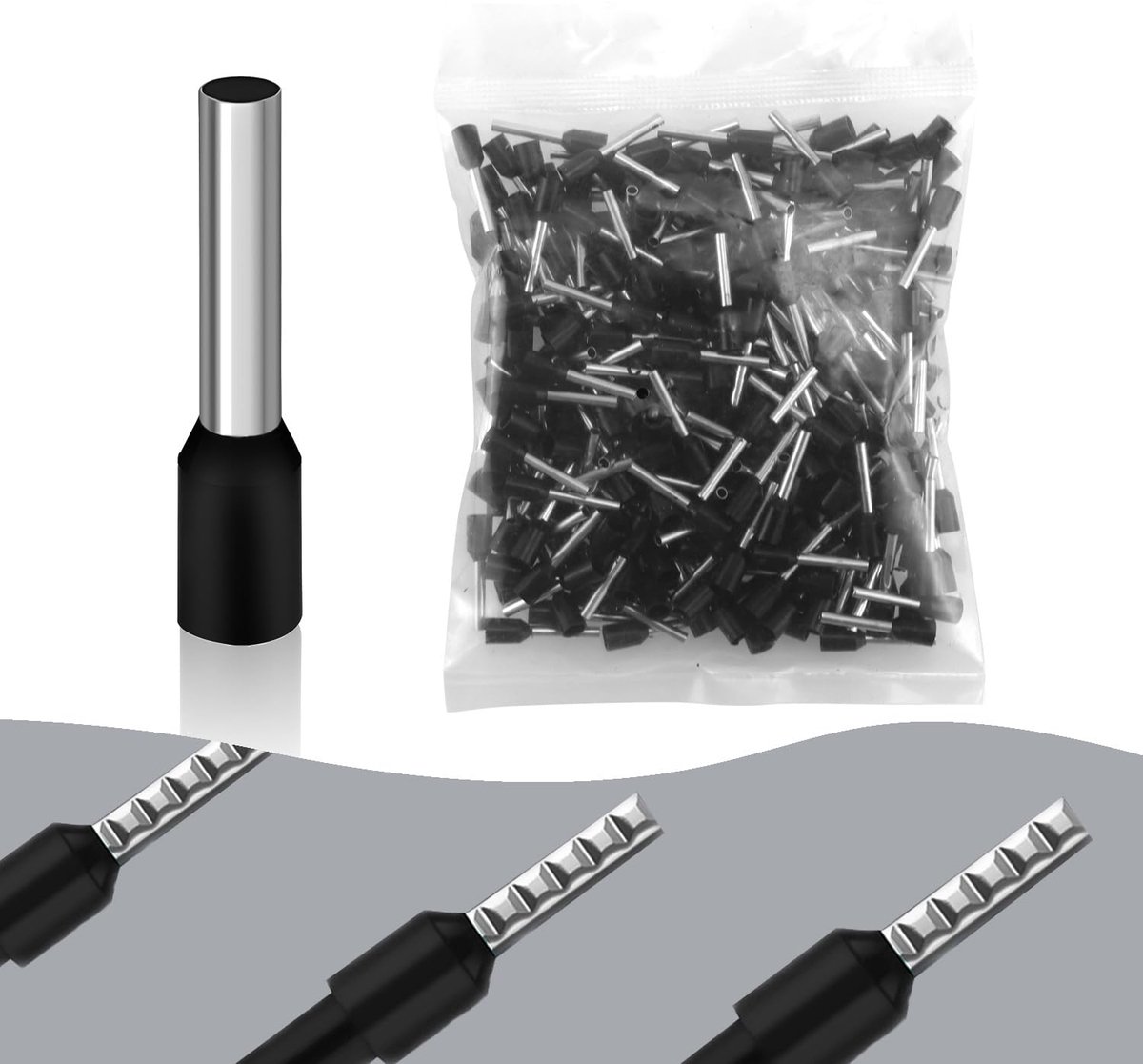 Ferrules, 1.5 mm², 12 mm long, insulated, 300 pieces, ferrules, partially insulated, black - ShopVlot