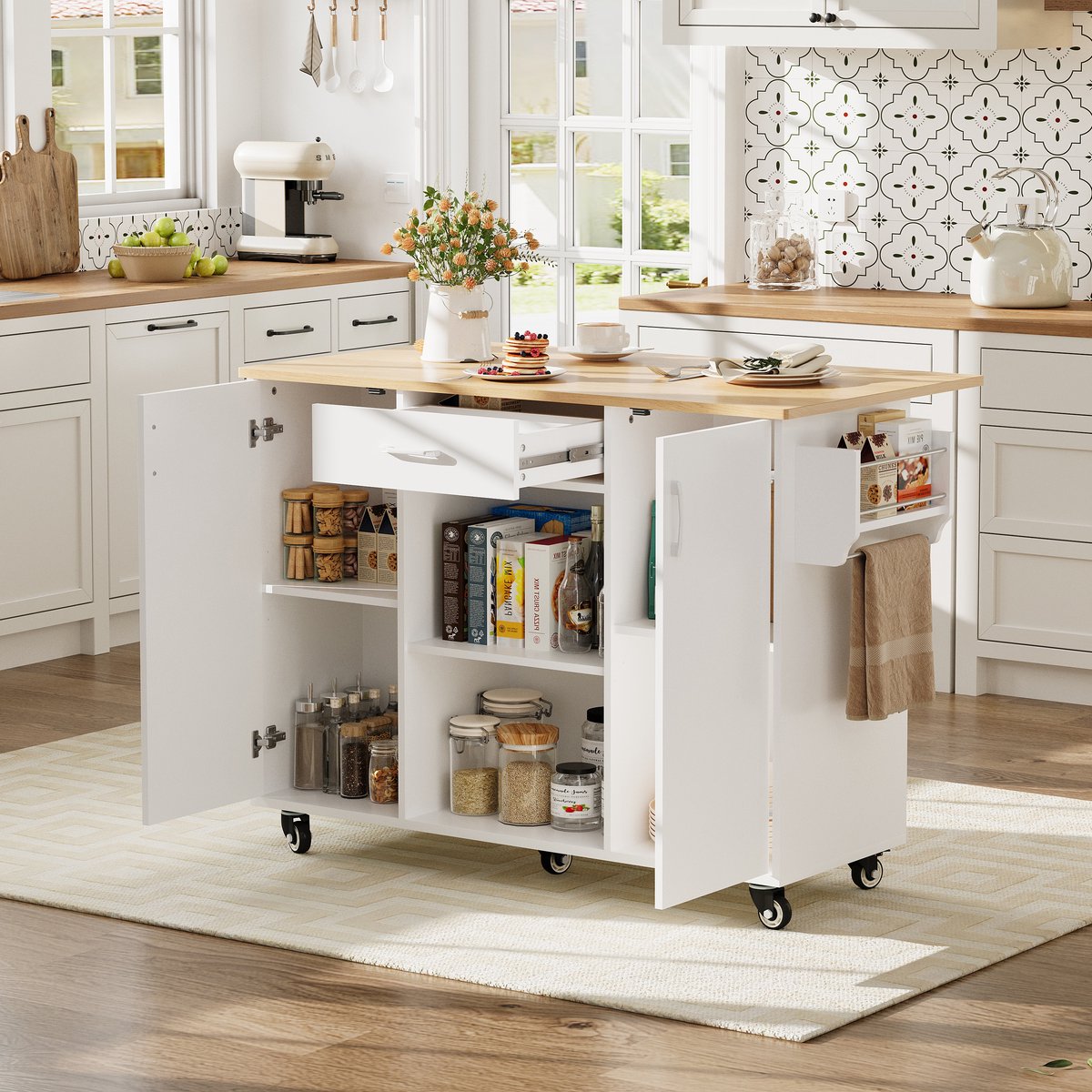 COVREO Keukeneiland 120x43,5x92,9 cm wit, MDF met opklapbaar werkblad