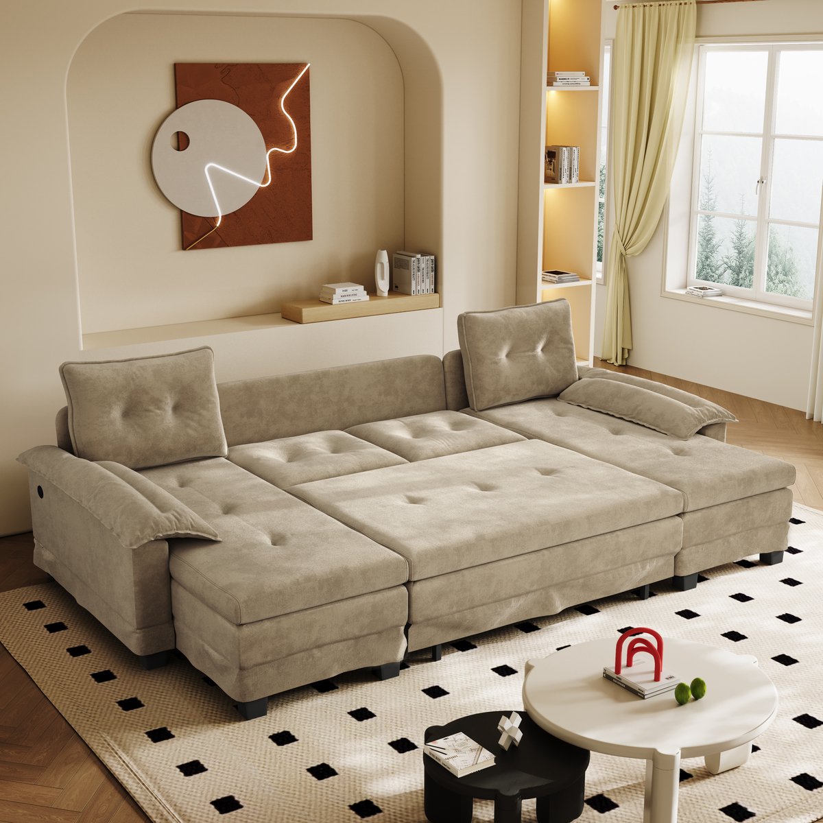 DESMIU Bank - U-Bank 278 Cm - Slaapbank Met Uittrekbed, Usb-Laadfunctie En Afneembare Armleuningen - Voor Woonkamer En Appartement - Chenille - Camel