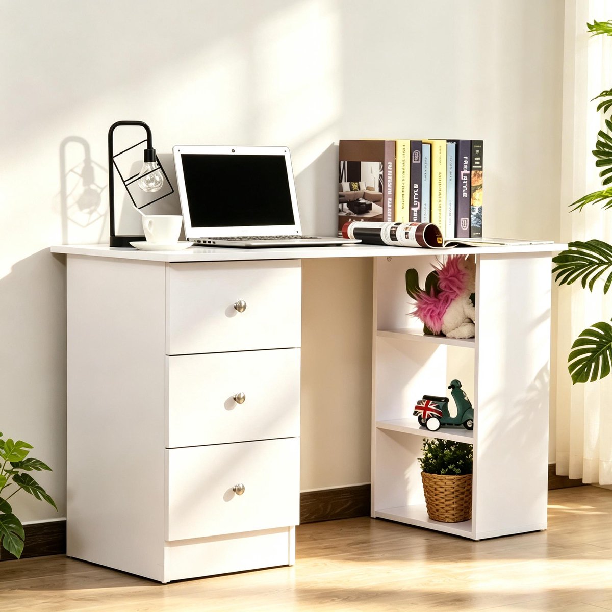 DESMIU Bureau - Wit Bureau Met 3 Lades En Open Vakken - Voor Woonkamer, Slaapkamer En Kantoor - MDF En Metaal - 120x49x72 Cm