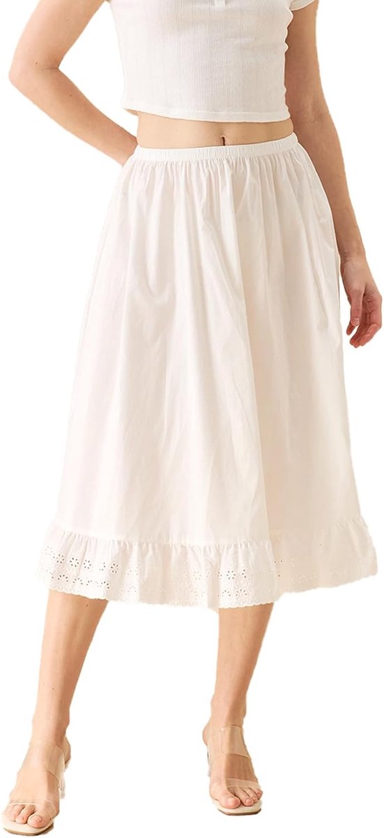 BEAUTELICATE Women's Underskirt, 100% Cotton, A-line, Petticoat with Lace Hem, Long Maxi Skirt with Ruffles - ShopVlot