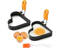 2 Pieces Pancake Shape Stainless Steel Mirror Egg Shape Heart Egg Rings with Folding Handles and Oil Brush, Omelette - ShopVlot